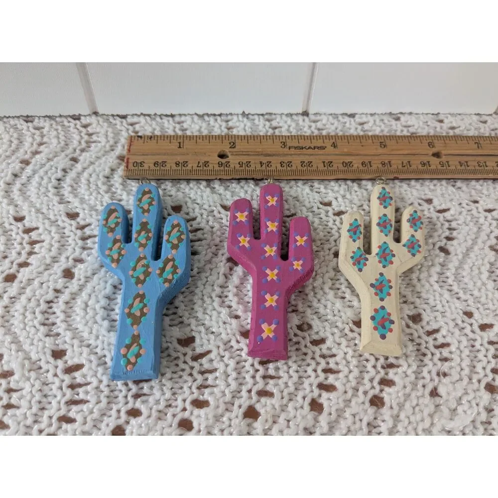 3 Wooden Hand Painted Cactus Dangles, Ornaments - Blue, Pink, White